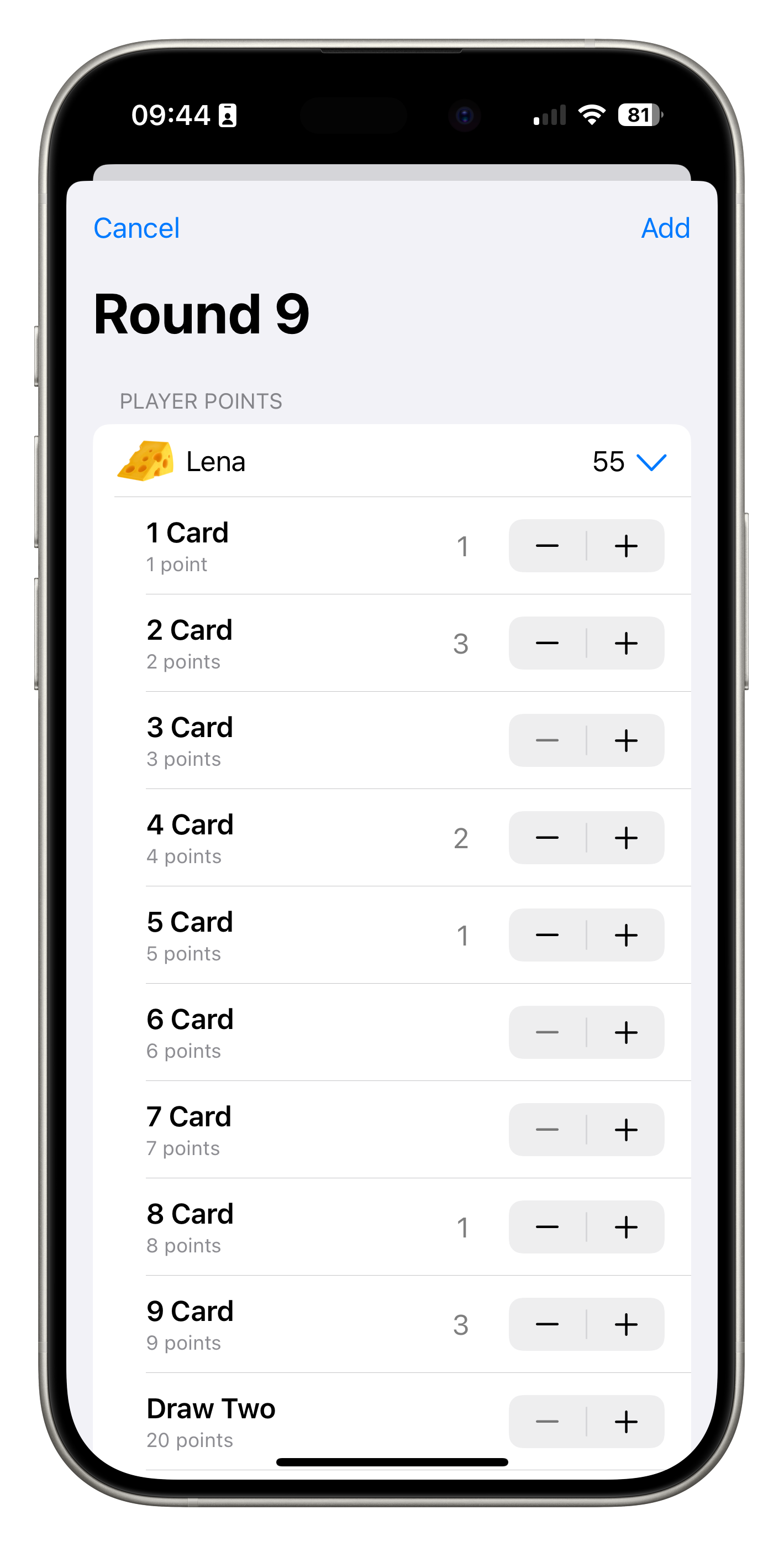 score uno app choose cards screenshot